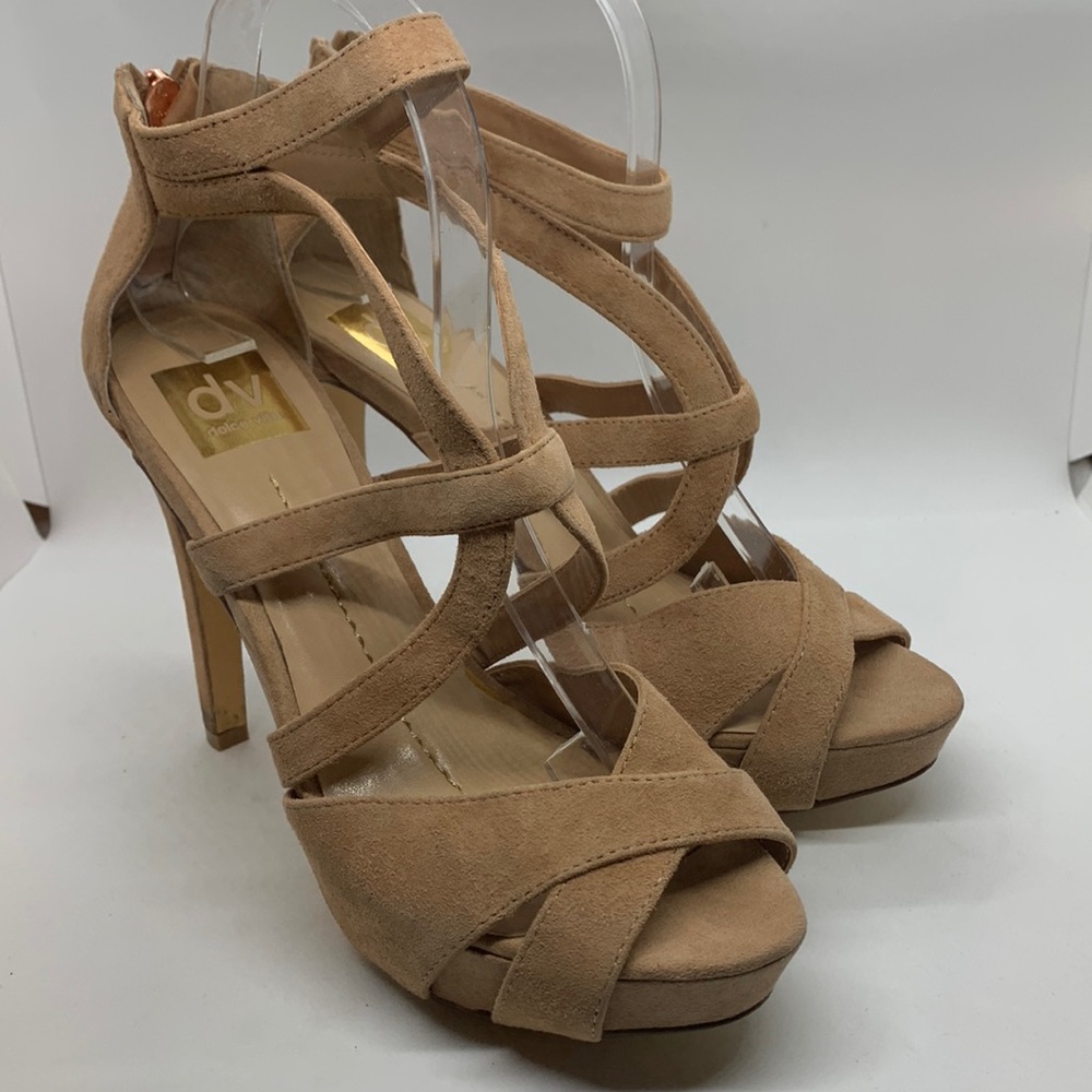 Suede platform high heel sandals.